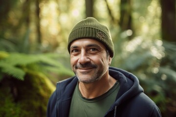 Naklejka na ściany i meble Portrait of smiling man standing in forest. Man wearing hat.