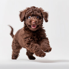 Dog, poodle-yorkshire terrier mix. Cute playful jumping puppy portrait over white background. AI generated, made by AI, artificial intelligence