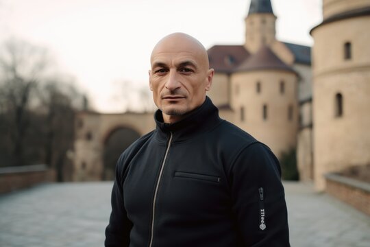 Portrait of a bald man in a black jacket on the background of an old castle