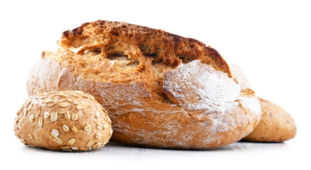 A loaf of bread and rolls isolated on white background