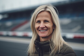 Fototapeta na wymiar Environmental portrait photography of a grinning woman in her 40s wearing a cozy sweater against a race track or speedway background. Generative AI