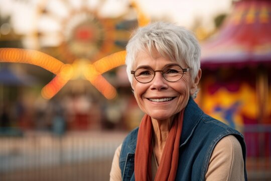 Group portrait photography of a pleased woman in her 60s wearing a charming scarf against an amusement park or theme park background. Generative AI