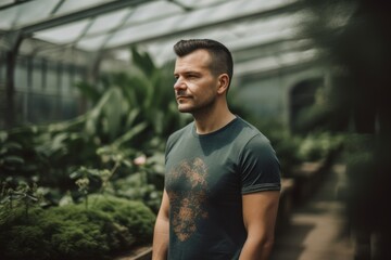Portrait of a handsome young man with tattoos on his arms in a greenhouse.