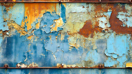 Old metal wall, weathered by time and painted in an abstract mix of blue, green, yellow, and orange, background wallpaper.