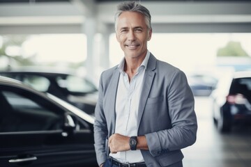 Portrait of confident mature man standing with arms crossed in car dealership