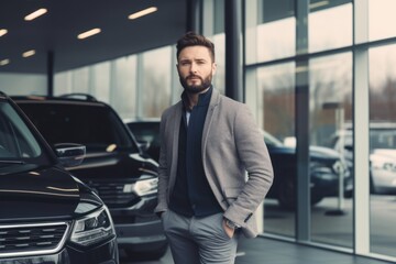 Fototapeta premium Handsome bearded man is standing near the car in the car dealership.