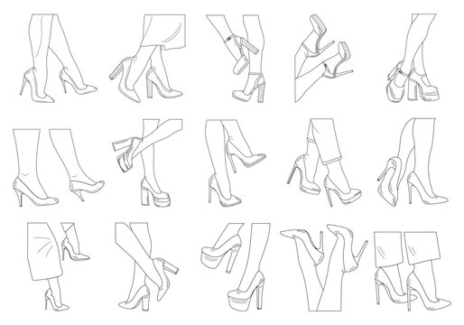 Drawing sketch outline silhouettes of female legs. Shoes stilettos, high heels. Walking, standing, running, jumping, dance