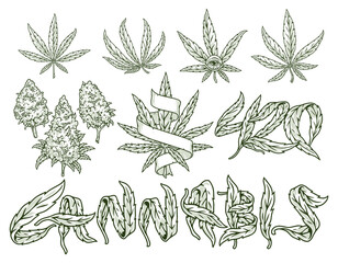 Cannabis herb set sticker monochrome