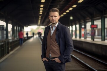 Handsome young man standing in train station platform, looking at camera.