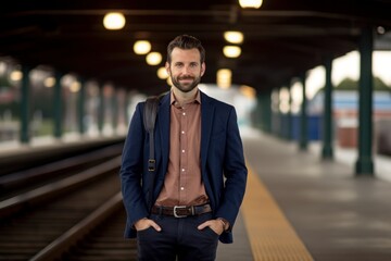 Fototapeta premium Portrait of a handsome businessman standing on the platform of a train station