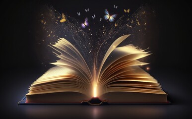 A book with a glowing pages and butterflies flying around it.