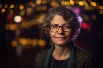 Portrait of a beautiful middle-aged woman with glasses in the city.