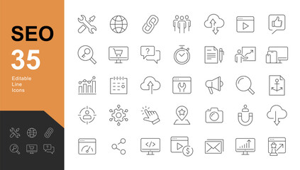 Search Engine Optimization Line Editable Icons set. Vector illustration in modern thin line style of technology icons: web development, strategy, optimization and more. Pictograms and infographic