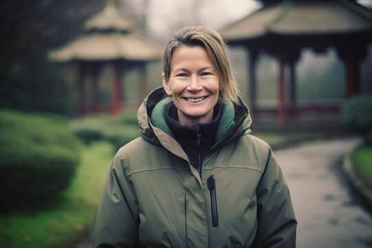 Pet portrait photography of a grinning woman in her 40s wearing a warm parka against a zen garden or tranquil background. Generative AI