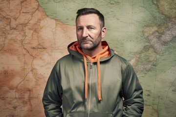 portrait of a man in a green jacket on a map background