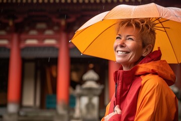 Medium shot portrait photography of a pleased woman in her 50s wearing a vibrant raincoat against an ancient temple or shrine background. Generative AI