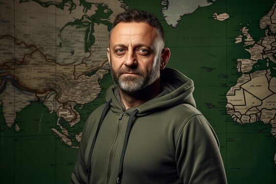 Portrait of a serious mature man in a green hoodie standing in front of a world map.