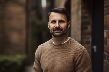 Obraz premium Group portrait photography of a pleased man in his 30s wearing a cozy sweater against a brick road background. Generative AI