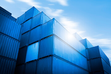 Row of Stacked Containers Cargo Shipping. Handling of Logistics Transportation Industry. Cargo Loads Container ships, Freight Trucks Import-Export. Distribution Warehouse. Shipping Logistics Transport
