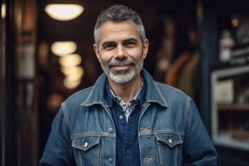 Portrait of a handsome middle-aged man with a beard in a denim jacket