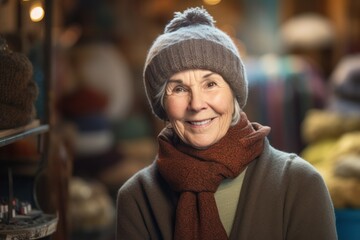 Portrait of smiling mature woman in hat and scarf at Christmas market