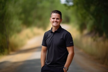 Environmental portrait photography of a pleased man in his 30s wearing a sporty polo shirt against a winding road or path background. Generative AI