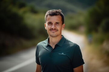 Portrait of a smiling male athlete standing on a road in the countryside