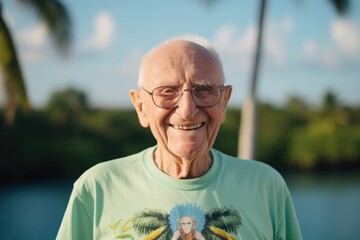 Portrait of an elderly man on a background of palm trees.