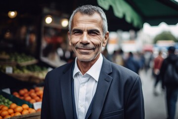 Obraz premium Portrait of a smiling mature businessman standing at the market stall.