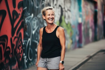 Naklejka premium Smiling mature woman in sportswear standing in front of graffiti wall