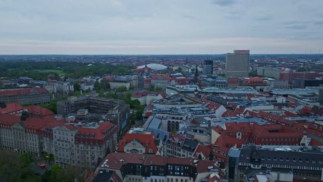 Drone shot of leipzig Stadtbezirk Mitte district at dusk . located in the center of the city ( Inner Stadt ) . It includes numerous architectural monuments.