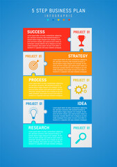 infographic 5 steps business plan success vertical template Multi colored squares, colored icons on white background. white letters Blue gradient background. Design for marketing, product, project.
