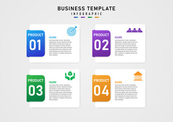 simple template Infographic 4 Business Options white square The edge has several colored squares. Color icon on top right corner. Design for marketing, product, project, finance, investment.