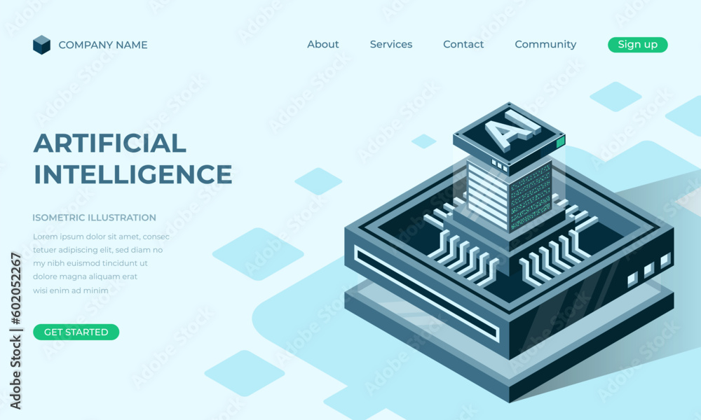 Poster artificial intelligence isometric landing page. artificial intelligence chip. machine learning techn