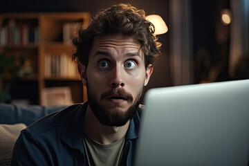 Shocked slightly frightened man is sitting with a laptop on couch at home in evening, created with Generative AI