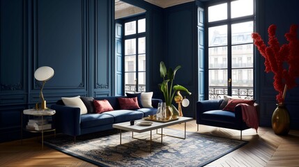 a blue room with blue sofas