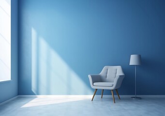a blue room with blue walls and a simple chair