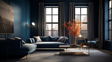 	
a blue room with sofas and window