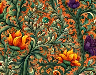 swirling flowers, sunflowers in yellow, gold and green, wallpaper in vintage style, generative AI