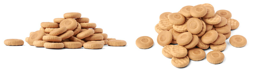 pile of milk biscuits or cookies, crispy and crunchy round shape sweet crackers, tea time snack or dessert isolated and in different angles