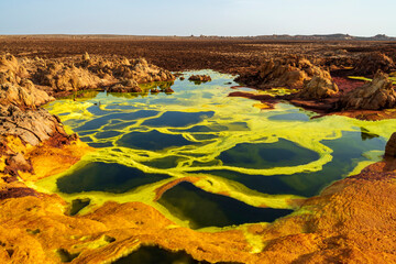 Dallol, a terrestrial hydrothermal system at a cinder cone volcano in the Danakil Depression,...