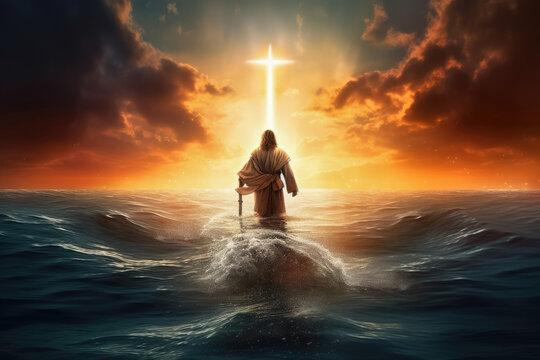 Image of Jesus Christ walks on water and praying to God , Generative Ai Technology
