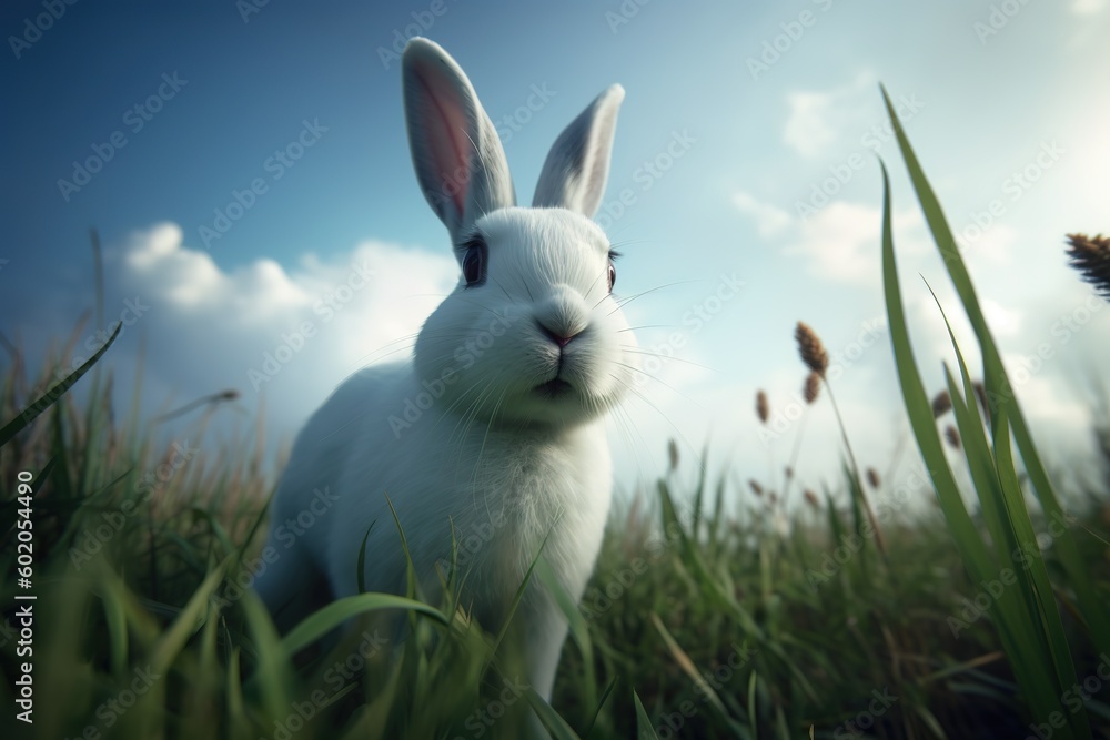 Poster there is a rabbit that is white and it is sitting on the grass. generative ai