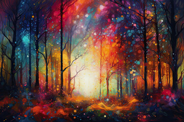 Abstract forest full of vibrant colors and beautiful colors as an illustration. Generative AI.