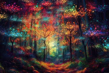 Fototapeta na wymiar Abstract forest full of vibrant colors and beautiful colors as an illustration. Generative AI.