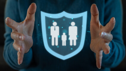 Human hand with family love care and holding shield guard protective gesture family, life, health, insurance, safe, real estate, support, insurance company, hospital, policy, life insurance concept