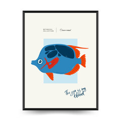 Underwater world, ocean, sea, fish and shells vertical flyer or poster template. Modern trendy Matisse minimal style. Hand drawn design for wallpaper, wall decor, print, postcard, cover, template