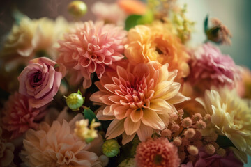 Vibrant bouquet of flowers arranged against a soft, creamy background in an impressionistic style. Pastel shades of pink, yellow, and green. Generative AI, AI.