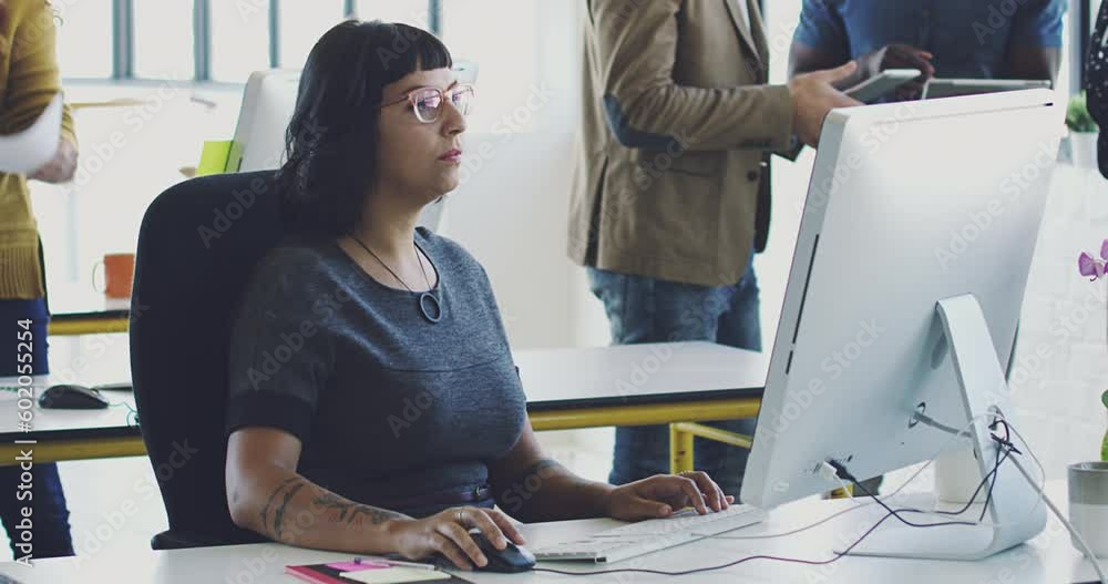 Poster Computer, research woman or programmer working for cybersecurity, app coding or data analysis in office. Hacker, developer or girl on tech for software code, programming or startup analytics review