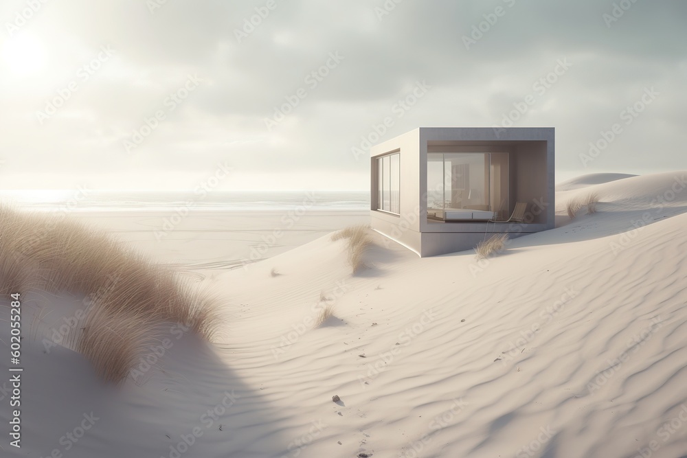 Poster a modest structure located smack dab in the midst of a wasteland generative ai